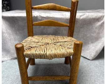 Miniature Wooden Ladder-Back Doll Chair with Woven Straw Seat Vintage