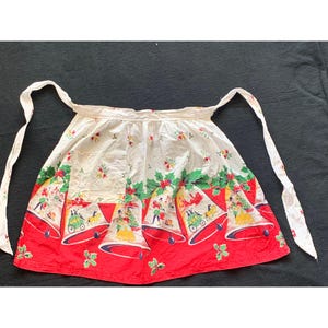 Vintage Christmas Bells Half Apron with Holiday Print & Pocket