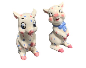 Vintage Ceramic Polka Dot Pig Salt & Pepper Shakers Set Japan