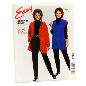 May include: A sewing pattern package featuring a woman modeling two outfits: a red jacket and a blue vest. The package has the text "Easy stitch 'n save by McCall's" and the pattern number 2835. The size is B (18-20-22-24).
