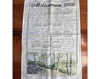 Millennium 2000 Calendar Tea Towel Ecclesiastes Birch Trees Floral Design Cotton Kitchen Decor