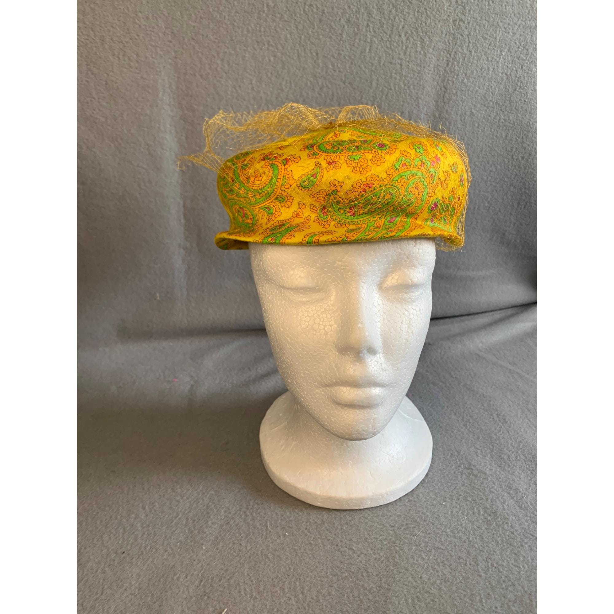 Ladies Yellow and Green Paisley Hat With Netting Size 22 