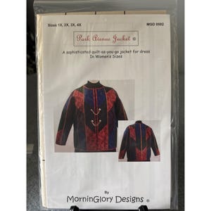 May include: A sewing pattern for a Park Avenue Jacket in women's sizes. The pattern includes sizes 1X, 2X, 3X, and 4X. The jacket design features a quilted pattern with red, blue, and black panels, and gold-colored clasps.