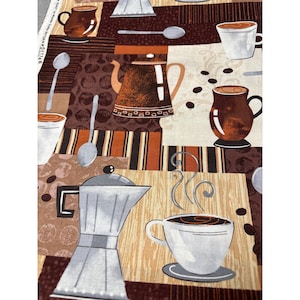 May include: Fabric with a coffee theme featuring various coffee pots, cups, and spoons in shades of brown, beige, and white. The design includes striped and dotted patterns, creating a patchwork effect.