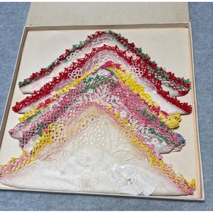 Vintage Handkerchief Set Intricate Lace Edges & Floral Embroidery 7 Pcs In Original Box Multicolor Design 1950s