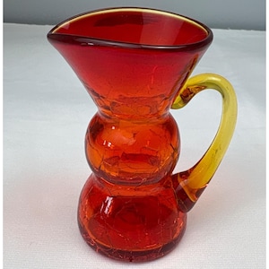 Vintage Crackle Glass Mini Pitcher Orange Yellow Handle Handmade Blown Glass 4"