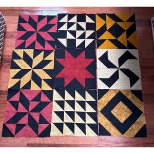 Quilt Blocks Patchwork Set of 20 Red/Yellow/Black Cotton Fabric Squares 10.5&quot;x10.5&quot;
