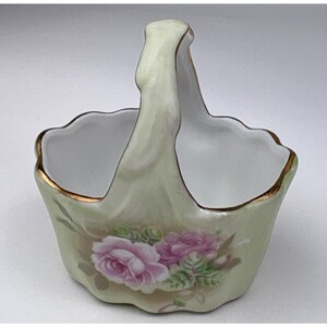 Lefton Heritage Green Rose Pattern Mini Porcelain Basket Handle Gold Trim Japan
