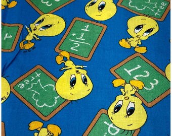 Tweety Cotton Fabric 1994 Warner Bros Vintage 12"x36" Blue/Yellow School Chalkboard Fun Print