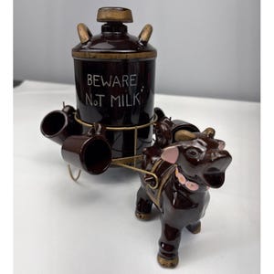 Ceramic Figurine Kickapoo Wagon "Not Milk" Jug & Cups Brown Bar Decor Vintage