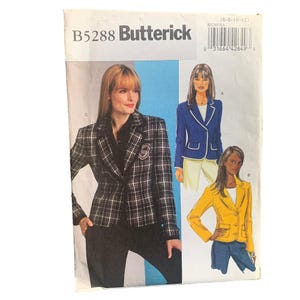May include: Butterick B5288 sewing pattern featuring blazer designs. The cover shows three blazer styles: a plaid blazer, a blue blazer with white trim, and a yellow blazer. The pattern includes images of the finished garments.