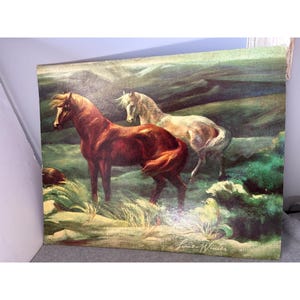 May include: An oil painting depicting two horses in a grassy field. One horse is a rich brown color, and the other is white. The background features rolling hills and lush greenery. The painting is signed in the bottom right corner.
