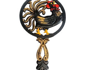 1970s Cast Iron Rooster Trivet with Handle Cooking Stand Hand-Painted