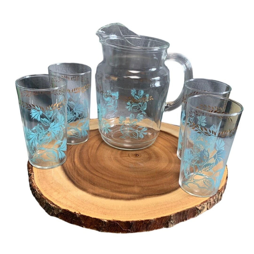 Vintage Hazel Atlas Depression Glass Pitcher & Glass Set Blue