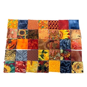 May include: A collection of 25 fabric squares in various autumnal colors and patterns, including orange, red, brown, yellow, and green. The squares feature designs such as pumpkins, leaves, and plaid.