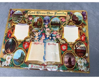 God Bless Our Family Family Record Print with Floral & Angelic Design Vintage