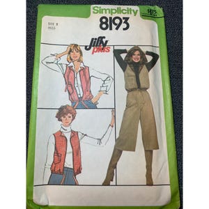 May include: Simplicity 8193 sewing pattern featuring illustrations of a vest and pants outfit. The pattern envelope is green with the text "Simplicity" and "Jiffy plus". The size is 8.