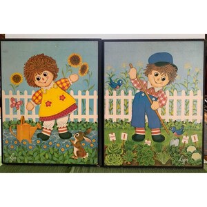 Raggedy Ann & Andy by Lyn Wood Wall Art Picture Set 12x15 1970s