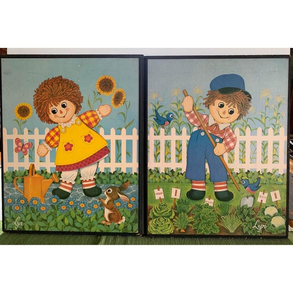 Raggedy Ann & Andy by Lyn Wood Wall Art Picture Set 12x15 1970s