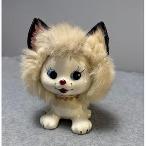 Vintage Furry Ceramic Cat Figurine by UCAGCO Porcelain Japan Kitschy 5.5&quot; 1950s