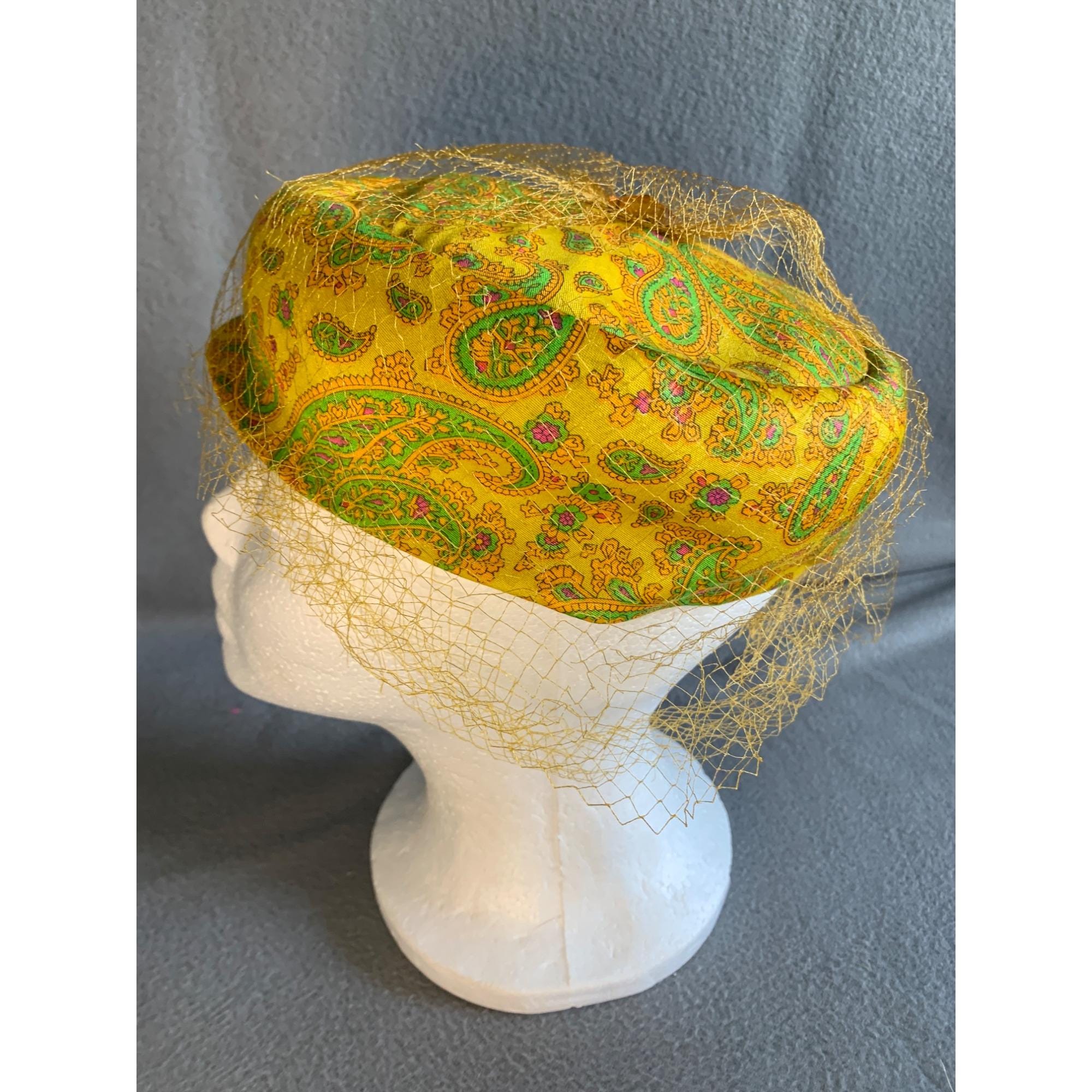 Ladies Yellow and Green Paisley Hat with netting Sz 22 Vintage Lambretta Bucket Paisley Festival Summer Hat - ShoeStation  main image 4