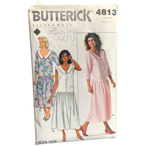 May include: Butterick 4813 sewing pattern featuring Eileen West designs. The pattern includes illustrations of three different dresses with Peter Pan collars. The dresses are in various styles, including floral, polka dot, and striped patterns. Size 6-8-10.