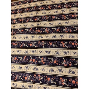 Vintage Floral Stripe Navy and Light Blue Fabric Cotton 1/2 Yard 44&quot; Wide