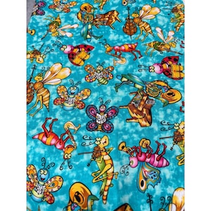 May include: A vibrant fabric featuring a whimsical design of musical insects on a turquoise background. Butterflies, bees, and other insects play instruments like violins, trumpets, and cellos. The insects are in various colors, including yellow, orange, and pink.