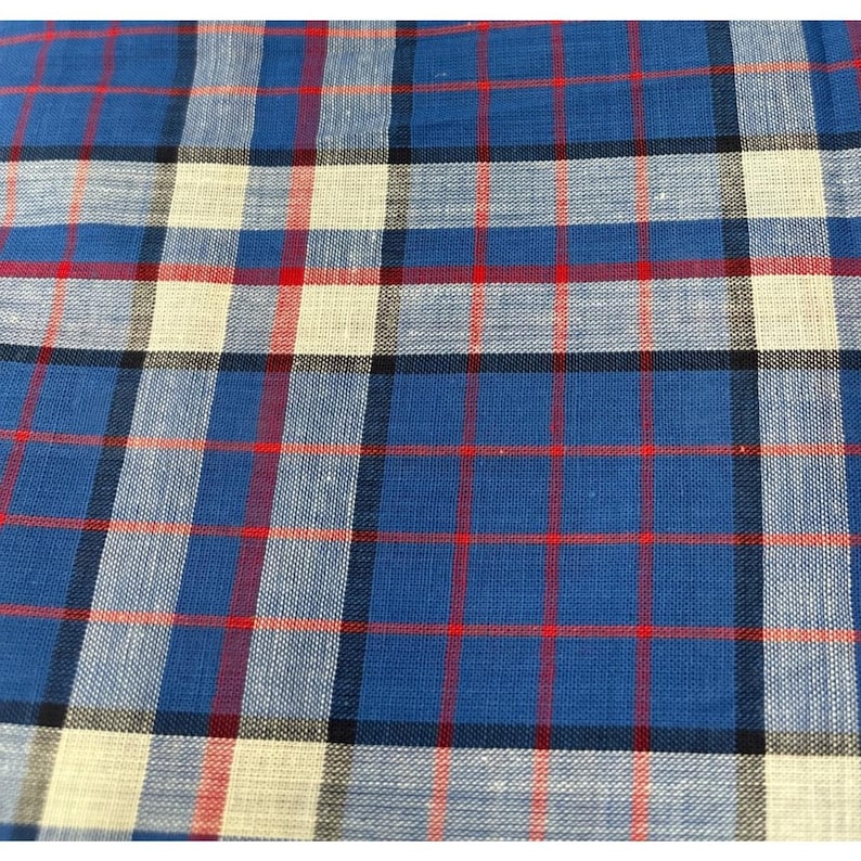 Blue Plaid Cotton Fabric 1/2 Yard X 36