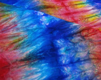 hand dyed silk scarf in a vivid rainbow of blue, golden yellow, and bright red  (#16) 14in x 72in