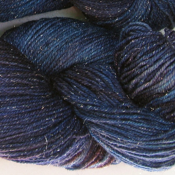 Arctic Hare hand dyed sock yarn fingering weight, 3ply superwash with silver, 100g - Midnight Blues 3