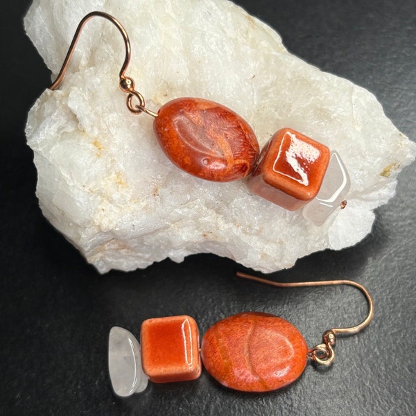 Orange marbled stone beaded earrings, quartz stone, bohemian, gypsy earring, edgy earrings, urban earrings, boho earrings, natural earrings