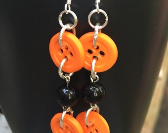 Orange button earrings, button earring, halloween earrings, bead earrings, urban earrings, edgy earrings, University of Tennessee