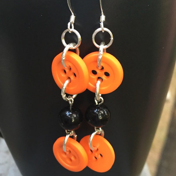 Orange button earrings, button earring, halloween earrings, bead earrings, urban earrings, edgy earrings, University of Tennessee