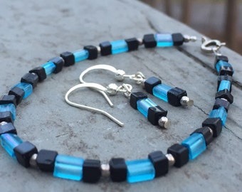 Beaded jewelry set, black and blue crystal beaded bracelet, earrings, beaded bracelet, beaded earrings, bohemian bracelet, boho earrings