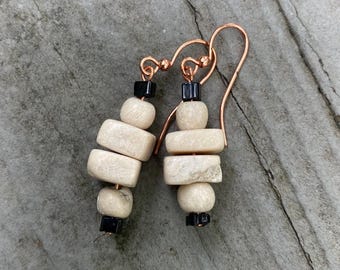 Natural Stone Earrings, Copper Plated Wire, Bohemian Style