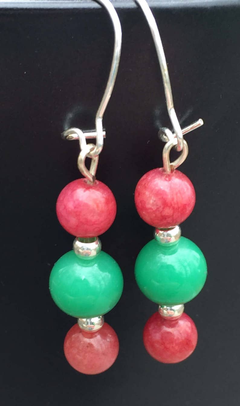 Red and green earrings, dangle earrings, glass bead earrings, trendy earrings, gypsy earrings, bohemian earrings, hippy earrings image 1