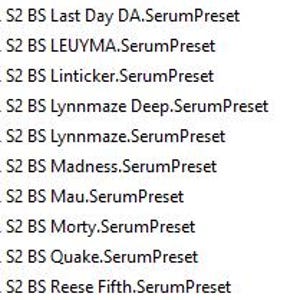 Puede incluir: Una lista vertical de presets de Serum, con t&iacute;tulos como "S2 ARP Helo Echo.SerumPreset", "S2 Atmos Granular Bubble.SerumPr..." y "S2 BS Analog.SerumPreset". El texto est&aacute; en una fuente sans-serif.