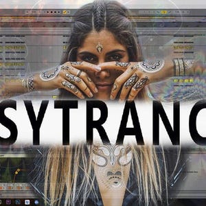 May include: A woman with henna tattoos on her hands and face is in front of a computer screen. The screen shows a music production program with the word "PSYTRANCE" in large, bold letters.