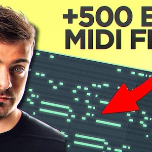 May include: A man with brown hair and a beard is looking at the camera. Behind him is a computer screen showing a MIDI file with the text "+500 EDM MIDI FILES".