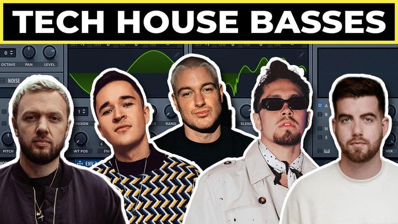 May include: Four men with different hairstyles and facial hair are shown in front of a computer screen with a music production program. The text "TECH HOUSE BASSES" is displayed at the top of the image.