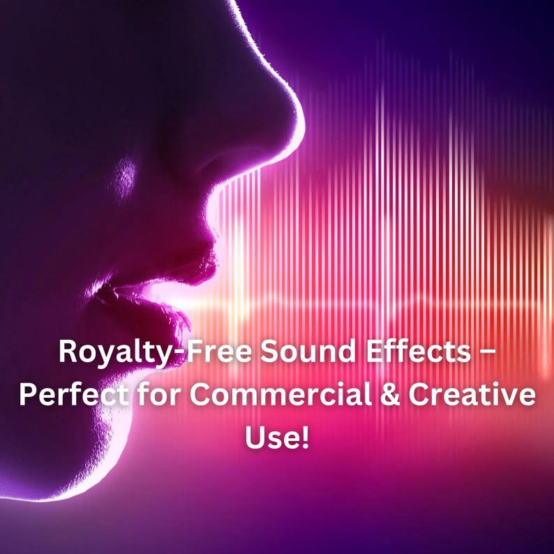 May include: A silhouette of a person's face with their mouth open, as if speaking, against a background of pink and red vertical lines. The text "Royalty-Free Sound Effects - Perfect for Commercial & Creative Use!" is displayed below the image.