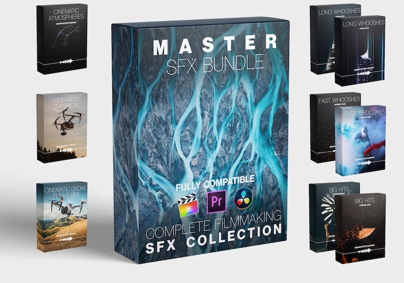 May include: A collection of sound effects for filmmakers, called "Master SFX Bundle". The bundle includes a variety of sounds, including cinematic atmospheres, drone footage, whooshes, and big hits. The bundle is compatible with Final Cut Pro, Premiere Pro, and After Effects.