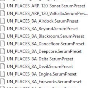 Puede incluir: Una lista de presets de Serum, con nombres como "Arcanes", "Castel" y "Cosmos". Los presets est&aacute;n categorizados bajo "UN_PLACES_ARP_120" y "UN_PLACES_BA", lo que sugiere un tema o colecci&oacute;n para la producci&oacute;n musical.