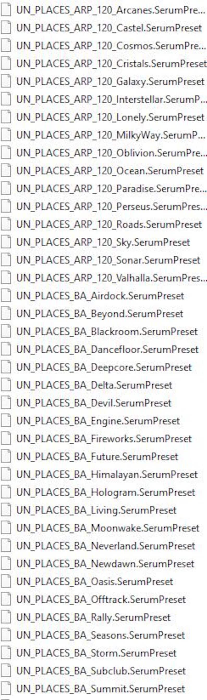 Puede incluir: Una lista de presets de Serum, con nombres como "Arcanes", "Castel" y "Cosmos". Los presets est&aacute;n categorizados bajo "UN_PLACES_ARP_120" y "UN_PLACES_BA", lo que sugiere un tema o colecci&oacute;n para la producci&oacute;n musical.