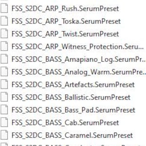 Puede incluir: Una lista de presets de Serum, con nombres como "Agony", "Binary Paradise" y "Echoes". Los presets est&aacute;n categorizados con prefijos como "AMB", "ARP" y "BASS", lo que sugiere diferentes elementos de dise&ntilde;o de sonido.