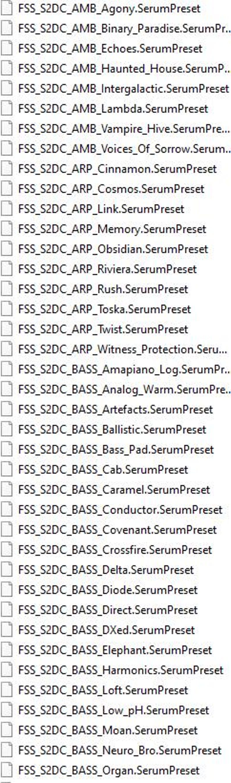 Puede incluir: Una lista de presets de Serum, con nombres como "Agony", "Binary Paradise" y "Echoes". Los presets est&aacute;n categorizados con prefijos como "AMB", "ARP" y "BASS", lo que sugiere diferentes elementos de dise&ntilde;o de sonido.