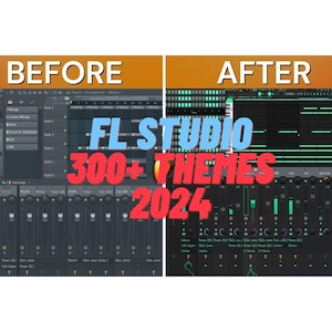 Puede incluir: Una imagen de antes y después que muestra cómo cambiar el tema de FL Studio. El texto "FL Studio 300+ Themes 2024" se muestra en rojo, azul y naranja.
