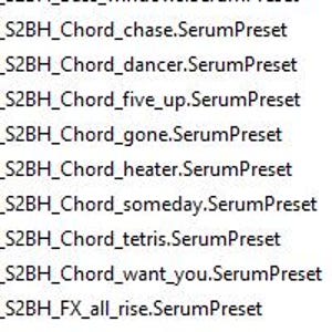Puede incluir: Una lista de presets de Serum, incluyendo sonidos de bajo, acordes y lead. Los presets est&aacute;n etiquetados con nombres descriptivos como "basics", "bellow", "dirty_cash", "glitter" y "smoke". El texto est&aacute; en una fuente sans-serif.