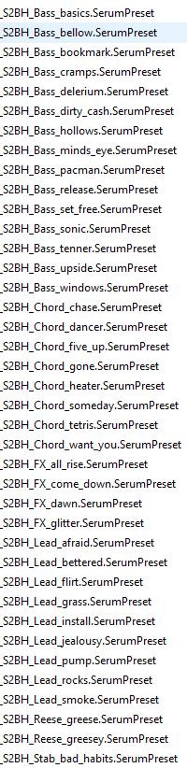 Puede incluir: Una lista de presets de Serum, incluyendo sonidos de bajo, acordes y lead. Los presets est&aacute;n etiquetados con nombres descriptivos como "basics", "bellow", "dirty_cash", "glitter" y "smoke". El texto est&aacute; en una fuente sans-serif.
